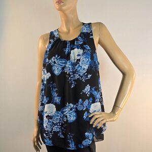 Vince Camuto Cabbage Rose Navy Blue Sleeveless Chiffon Blouse Size Large